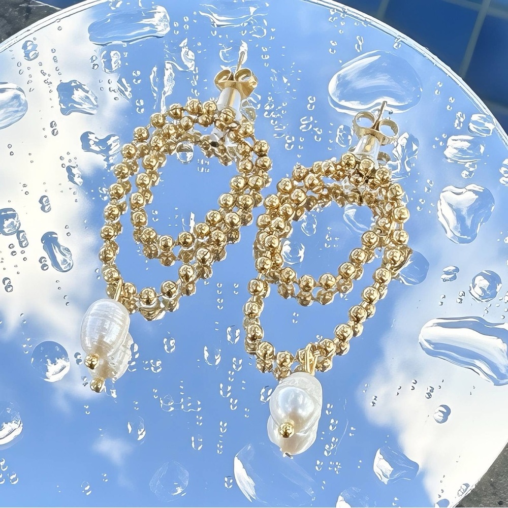 Gold and White Pearl Drop Earrings - Picture 3 of 4